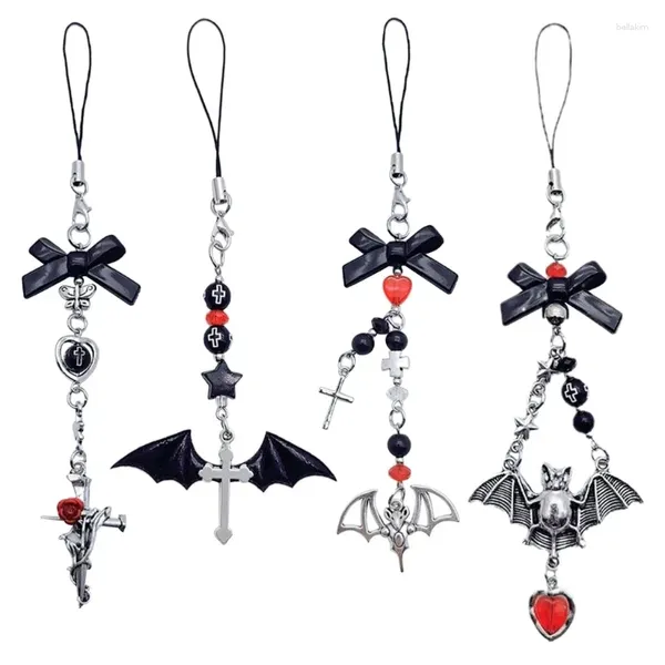 Llaveros Halloween gótico punk bat teléfono encanto para mujeres hombres colgante cadena móvil Y2K Bowknot corazón cordón llavero