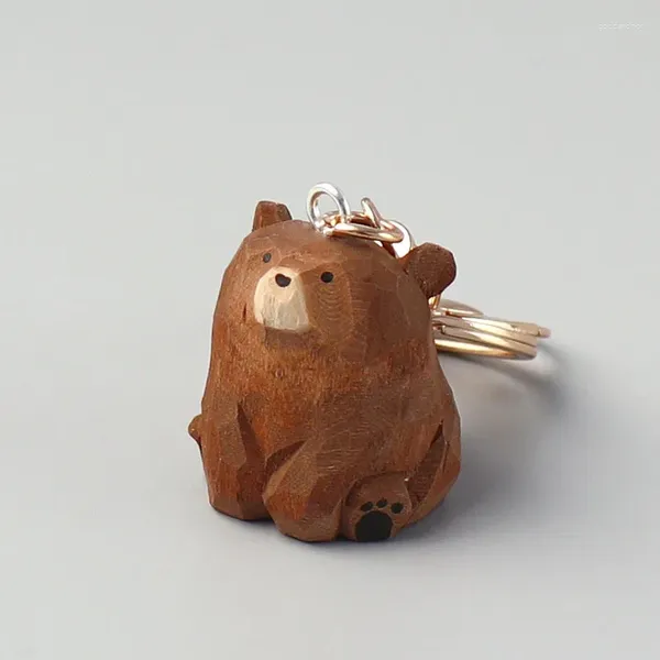 Porte-clés en bois sculpté à la main, Animal, ours mignon, cochon, série de guérison, voiture solide, pendentif, cadeau d'amour Kawaii