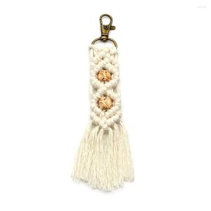Porte-clés tricoté à la main en bois figuré perles coton pompon porte-clés Boho macramé sac breloques avec franges voiture suspendus bijoux ornement