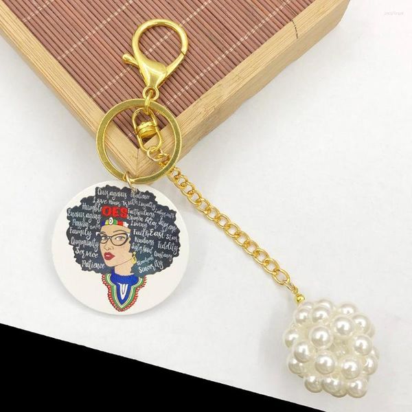 Keychains Orden de pelota de perla blanca tejida a mano de la estrella oriental 1850 Rotundidad de la niña Anillos de llave de madera accesorios de bolsas de joyería