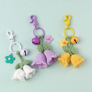 Porte-clés à la main Crochet Bell Orchid Fleurs Porte-clés pour femmes Fil Crocheté Tricot Fleur Voiture Porte-clés Sac à dos Sac Pendentif Bijoux