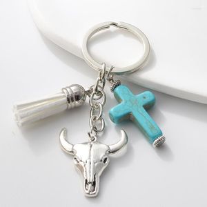 Porte-clés fait main mode métal couleur argent tête de vache croix porte-clés pour femmes hommes amitié cadeau sac à main décoration bijoux
