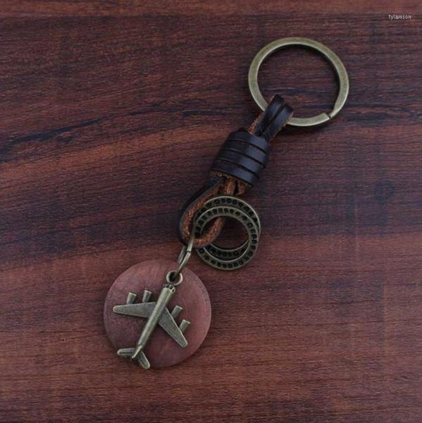 Porte-clés fait main en cuir bijoux en bois avion Vintage porte-clés porte-clés Antique pour clés voiture hommes accessoires petit ami cadeau