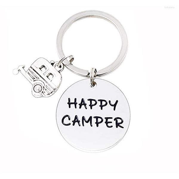 Portachiavi Happy Camping Cute Travel Car I Camp Camper Key Road Sign Portachiavi Cabochon in vetro Catena da viaggio Dea Charm all'ingrosso