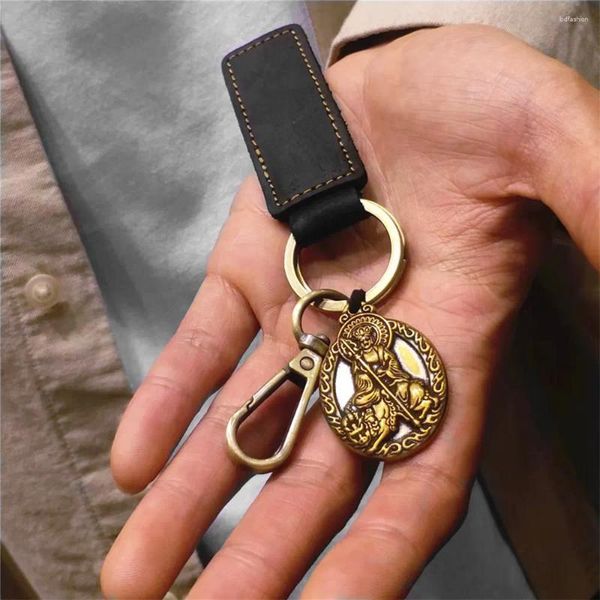 Porte-clés de guérison en cuivre, carte de bouddha, fait à la main, en cuir véritable, porte-bonheur, anneau amulette, pendentif, cadeaux