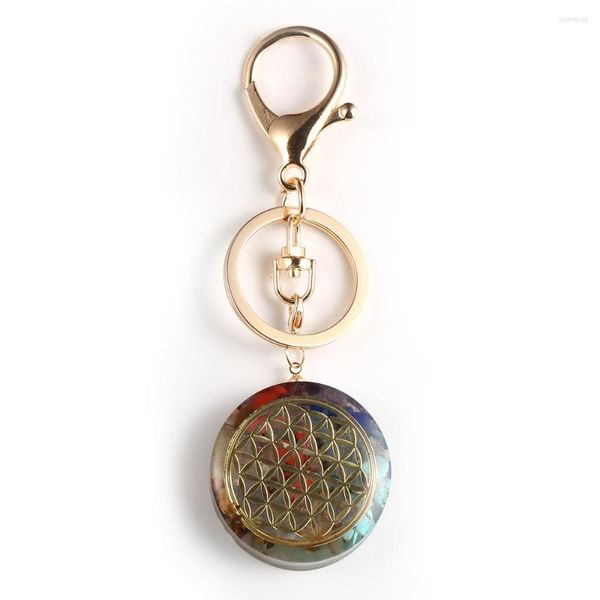 Porte-clés Guérison Yoga Naturel Puce Chakra Pierre Ronde Énergie Orgonite Porte-clés Reiki Voiture Sac Porte-clés Pour Hommes Femmes Or Orgone Porte-clés