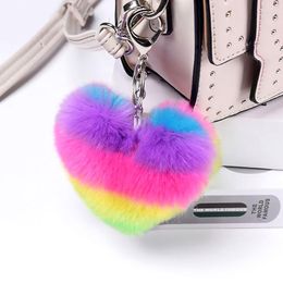 Keychains Heart Pompoms Keychain Rainbow Pom-Pom Key Chains Ladies Handtas Ringen Handgemaakte accessoires Paardendecoratie