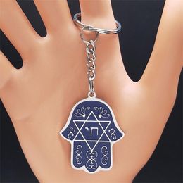 Keychains Hebreeuws Jodendom Hexagram roestvrij staal Hamsa Hand Key Chain -ster van David Chai Fatima Keyring Jewelry Llaveros K3671S07