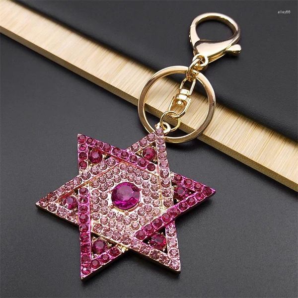 Llaveros Hexagrama Estrella De David Bendición Llavero Para Mujeres Hombres Rosa Rhinestone Color Oro Llaveros Judíos Joyería Chaveiro K9646S01