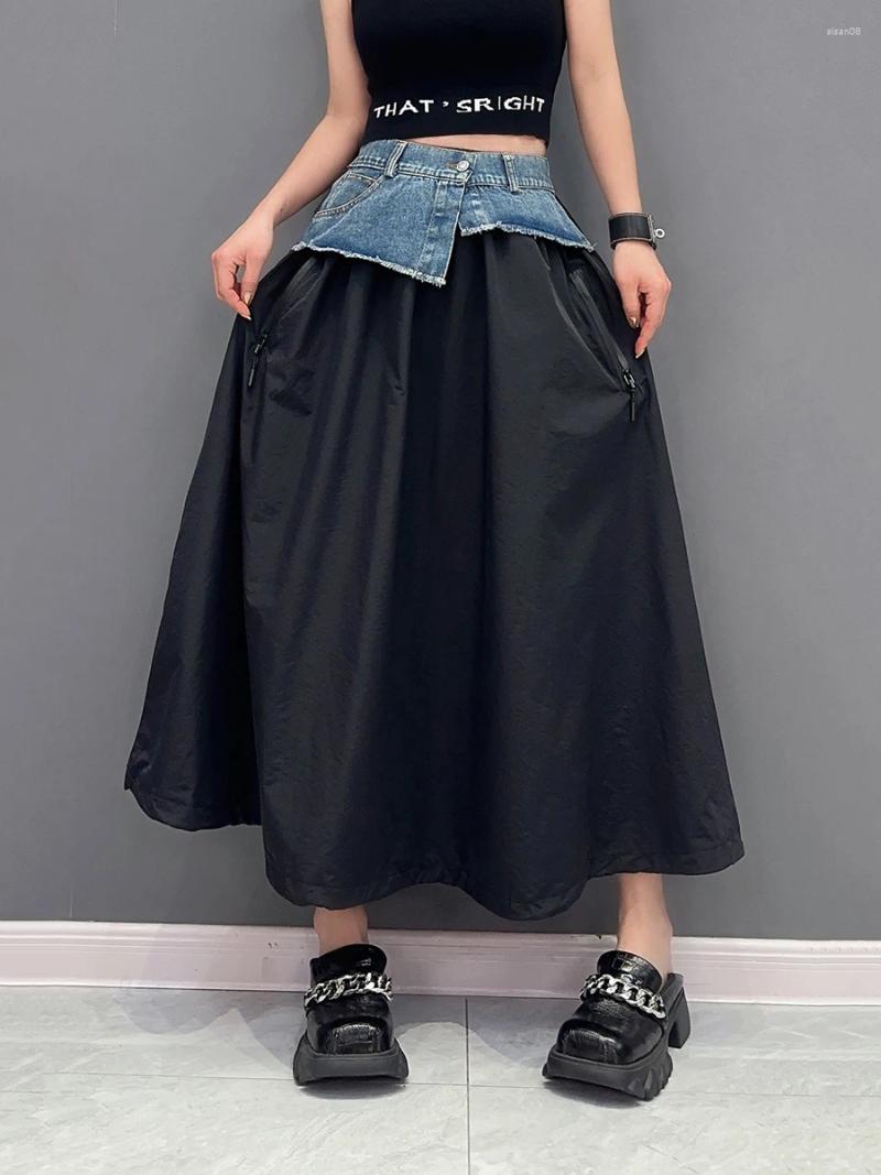 Keychains High Elastic Waist Green Denim Irregular Casual A-line Half-body Skirt Women Fashion Tide Spring Autumn 2024