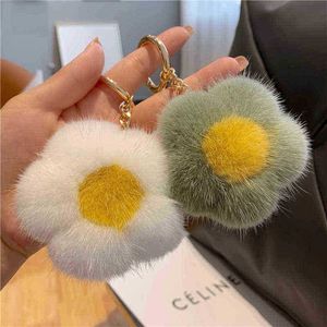 Keychains hoogwaardige pluizige echte nertsenbont sleutelhanger echte vacht schattige bloem sleutelhanger sleutelhanger metalen ring hangtas tas charme T220909