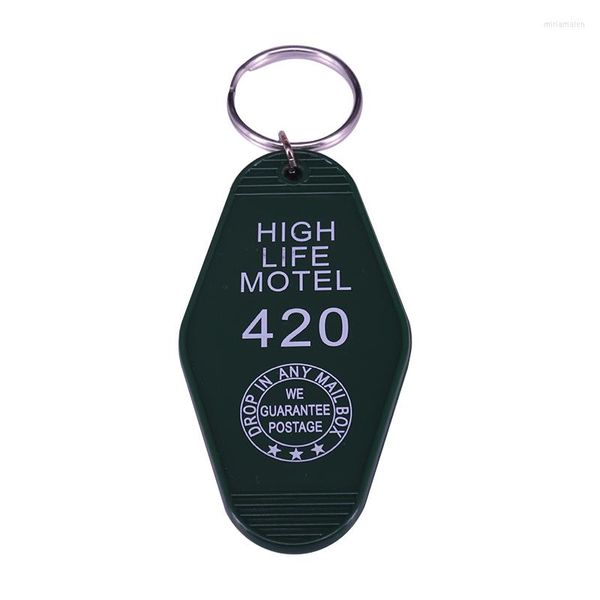 Llaveros High Life Motel 420 Llavero Lindo estilo vintage Etiqueta de plástico para llaves en verde pino