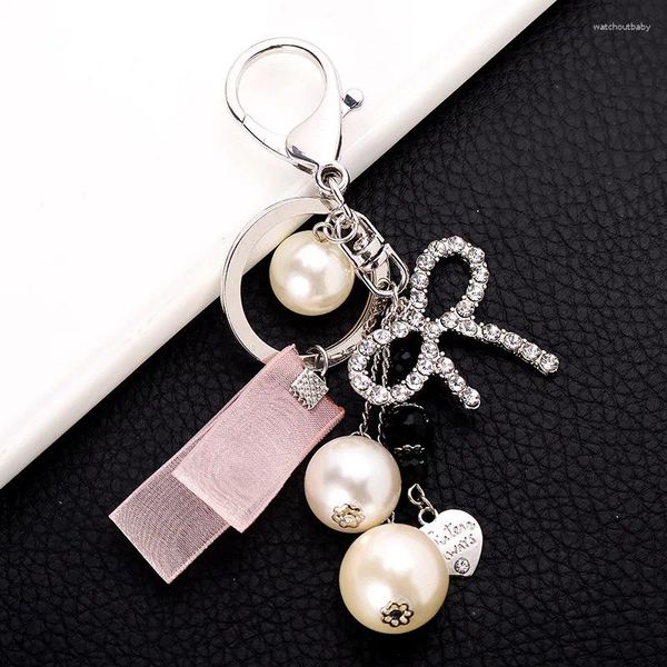 Llaveros Cuentas de alta calidad Rhinestone Bowknot Llavero Perlas Borla Llavero Regalo para mujer Chica Bolsa de coche Accesorios de moda Llavero