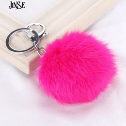 Porte-clés JINSE 8CM Fourrure Porte-clés Boule Llaveros Mujer Fluffy Pom Argent Couleur Porte-clés Voiture Sac Anneau