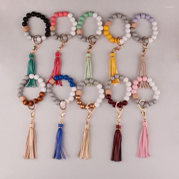 Llaveros Llavero para llaves Borla de cuero Cuentas de madera Pulsera Llavero Mujer Accesorios Multicolor Venta al por mayor DZ0269Keychains Fier22