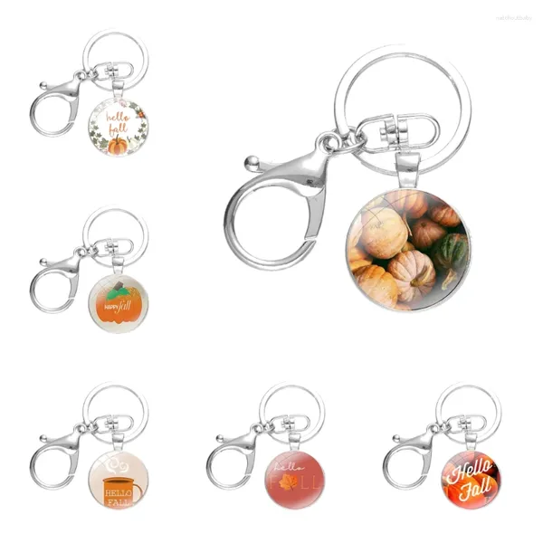 Porte-clés porte-clés fait à la main en verre cabochon porte-anneau pendentif chaînes citrouille joyeux automne automne