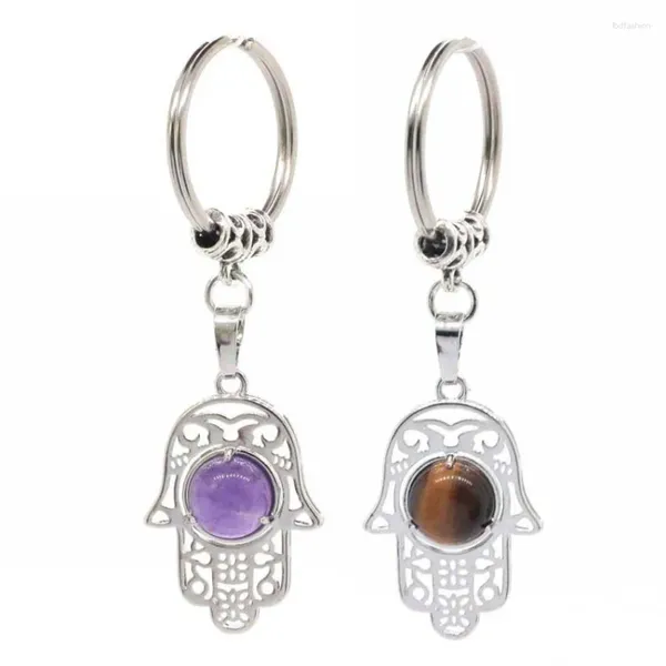 Llaveros KFT Fatima Hamsa Llavero de mano para llaves de coche Anillo Piedra natural Cabochon Crystal Llaveros Accesorios Titular