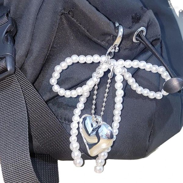 Keychains Corea Sweet Pearl Bow Key Chain Heart Ann Ring Y2K Girl Bag Bag Keychain Accessorios