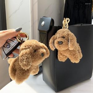 Keychains Koreaanse schattige echte wollen vacht kleine honden hanger Keychain vrouwen pluche puppy snuisterijtas sleutelring ornamenten verjaardagscadeaus kinderen kinderen