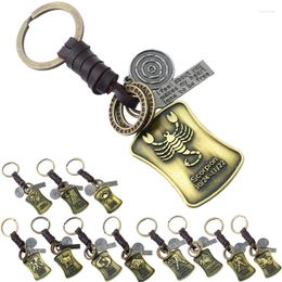 Porte-clés KOtik Weave en cuir véritable 12 Constellation porte-clés Punk Vintage signe du zodiaque étiquettes pour sac pendentif voiture porte-clés
