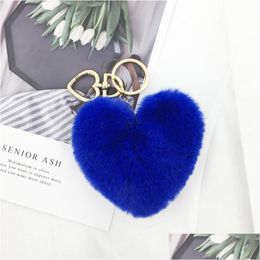 Llaveros Lanyards 10Cm Cute Fluffy Heart Womens Pom Poms Faux Rex Fur Key Chains Girl Bag Hang Car Ring Accesorios de joyería Drop Dhj3V