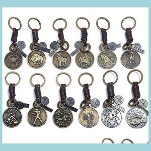 Keychains Lanyards 12 Constellatie Keychain CoE -Zodiac Keychains Retro Woven Key Chain Bronze Keyring voor verjaardagscadeau Drop del Dh9n2