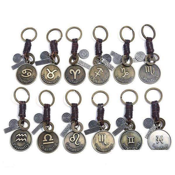 Llaves de llaves 12 Constellation Keychain Cowe Zodiac Retro Retro Key Keyring de bronce para regalos de cumpleaños Deli Deli Dhljj