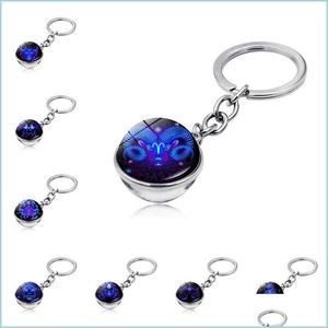 Keychains Lanyards 12 Zodiac teken Keychain Luminous Glass Ball Key RingsScorpio Leo Aries Constellation Verjaardagscadeau voor vrouwen en Dheil