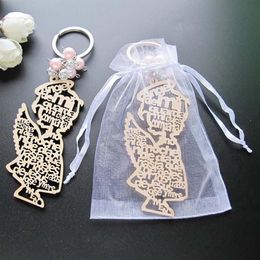 Porte-clés longes 12 pièces baptême bois conception porte-clés faveurs avec ange pour fille rose Recuerdos de Bautizo baptême avec Organz2321