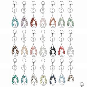 Sleutelhangers Lanyards 12 stks handgemaakte draad gewikkeld chip steen leven van boom hanger sleutelhanger 7 chakra's helende kristallen sleutelhanger ketting Dhbbj