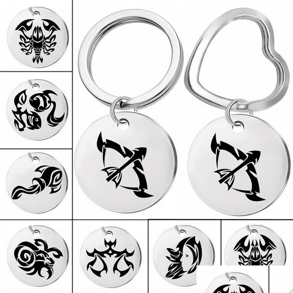 Porte-clés Longes 12Pcs / Set 12 Signes Du Zodiaque En Acier Inoxydable Creative Dog Tag Couple Porte-clés Twee Constellations Porte-clés Bijoux D Dhyr0