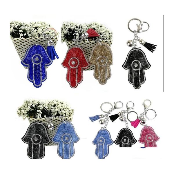 Llaveros Lanyards 13 colores Venta al por mayor Sier Plateado Hamsa Fátima Mano Rhinestone Charms Palm Llavero Moda para coche Llavero Acce Otutm