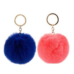 Llaveros Lanyards 2022 35 colores Furry Fluffy Puff 8 cm Faux Rabbit Fur Ball Pom Llavero Llavero de oro Bolso Drop Entrega Fashi DHVPQ