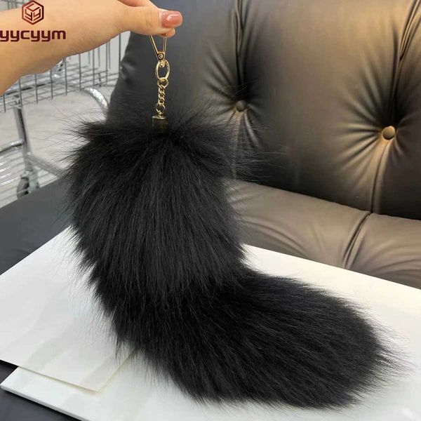 Keychains Lanyards 2024 Real Fox Fur Tail Large Long Natural Fur Tail Keychain Pendant Cosplay Tail Migne Wolf Fox Tail Fur Car Keches For Women Q240521