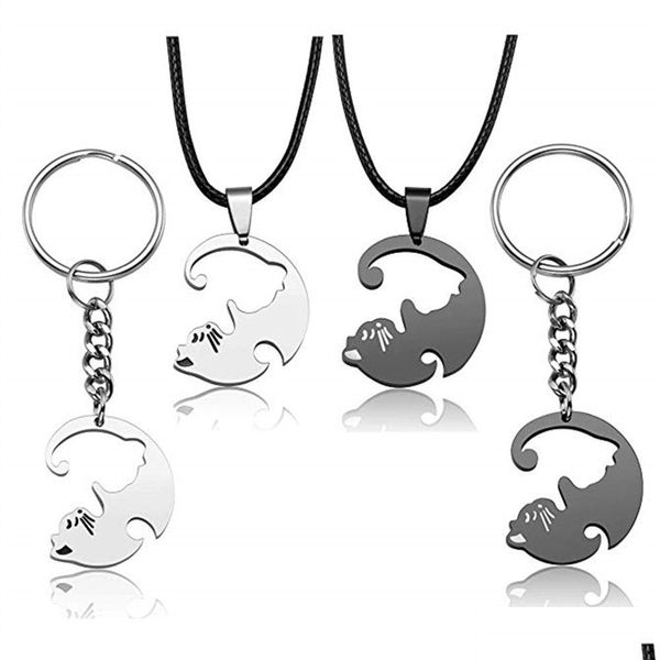 Llaveros Lanyards 2 unids Puzzle Cat Llavero para mujeres Un par de amante Pareja Animal Colgante a juego Regalo de San Valentín Diseño único Judío Dhucv