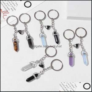 Keychains lanyards 2pcs/set minnaar Natural Stone Keyrings zeshoekige kristal hanger Tiger Eye Key Rings Chain voor vrouwen Men CAR Hol DhSvBB