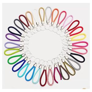 Keychains lanyards 30 kleuren pu lederen gevlochten geweven sleutelhanger touw ringen passen diy cirkel hangers sleutelhangers houder auto -sleutelhangers wie dh6gm
