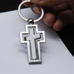 Keychains Lonyards 360 degrés Cross Cross Keychain Fashionable Simple Hollow Metal Keyring Christian Souvenir Gift Car Key Holder Pendeur