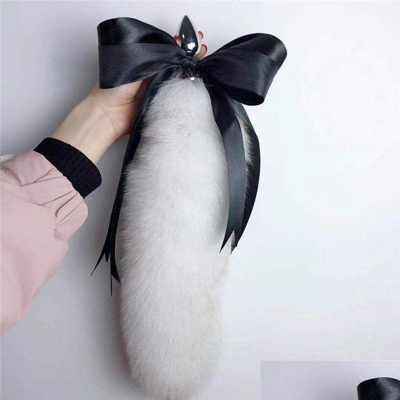 Keychains & Lanyards 40Cm/16 -Long Real Genuine Blue Fox Fur Tail Plug W Silk Metal Stainless Butt Toy Insert Anal Y Stopper Drop Del Dhagp