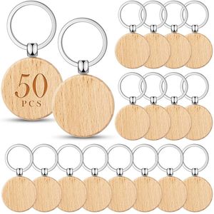 Porte-clés longes 50 pièces porte-clés ronds en bois étiquettes de porte-clés en bois à peindre porte-clés personnalisés étiquettes de bricolage artisanat de clé 231208