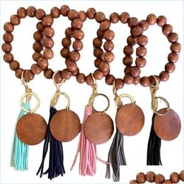 Keychains Lanyards 6 stijlen houten armband sleutelhanger met kwast Key Diy Wood Fiber Pandent Bead Bangle Decorate Fashion LLA654 165 Dhnqo