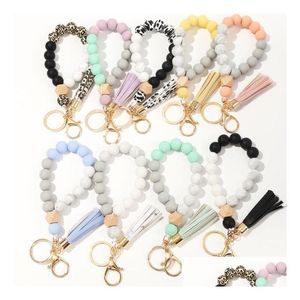 Porte-clés Longes 9 Couleurs En Bois Gland Perle Chaîne Bracelet Porte-clés De Qualité Alimentaire Sile Perles Bracelets Femmes Fille Porte-clés Poignet S Dhuka