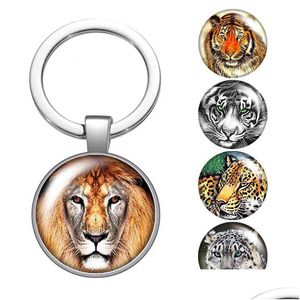 Llaveros Lanyards Animales León Tigre Leopardo Cara Bestia Cabujón de cristal Llavero Bolsa Coche Llaveros Titular Sier Cadenas plateadas Hombres Wom Dhxoj