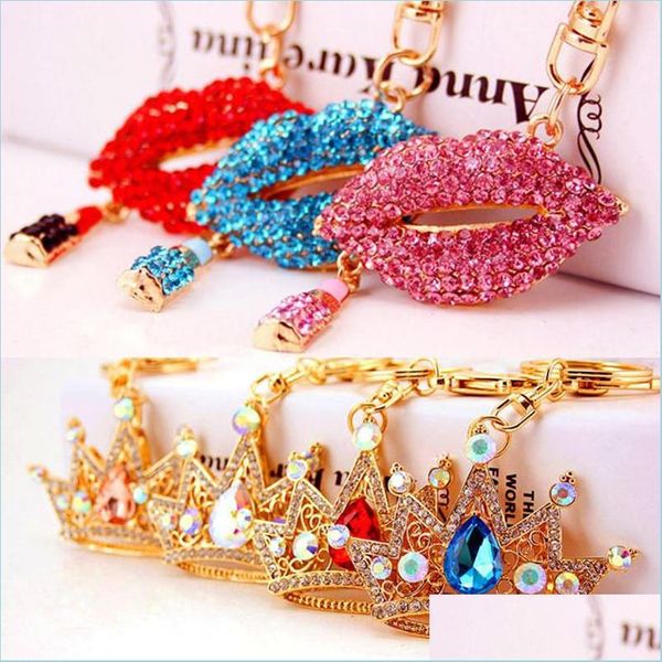 Llaveros Lanyards Big Crystal Crown Llavero Rhinestone Lápiz labial Llavero Encantos de coche Titular de la clave Regalo creativo para la novia Drop Dhkgf