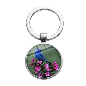 Sleutelhangers Lanyards Vogel Op De Tak Po Sleutelhanger Blauwe Kolibrie Verzamel Honing Bloemen Glas Ronde Sleutelhanger Mannen Vrouwen Dier Houder Dhpye