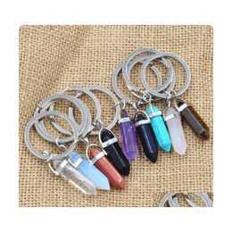 Llaveros Cordones BK Piedra natural Prisma hexagonal Punto de cuarzo Cristales curativos Chakra Llaveros Accesorios de joyería DIY Gota D DHV6R