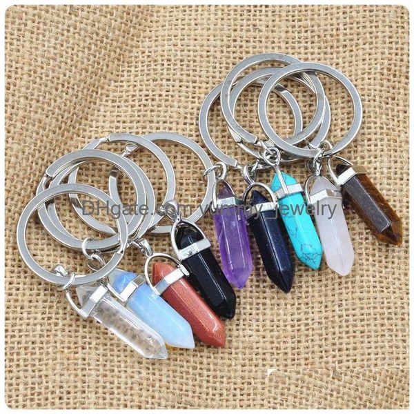 Llaveros Cordones Bk Llaveros de piedra natural Prisma hexagonal Punto de cuarzo Cristales curativos Chakra Llaveros Accesorios de joyería DIY DHXJF