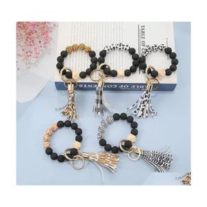 Porte-clés Longes Noir Givré En Bois Perle Bracelet Porte-clés Mode Motif Gland Pendentif Bracelets Femmes Fille Porte-clés Poignet S Dhmxt