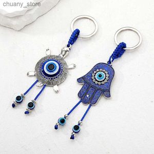 Keychains Lonyards Blue Evil Eye Hamsa Hand Animal Keychain Keyring For Women Men New Zircon Tortoise turc Lucky Eye Fatima Hand Sac Car Bijoux Y240417