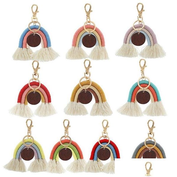 Llaveros Lanyards Bohemio Borla Llavero Colgante Diy Viruta de madera Arco iris Trenzado Tejido Lage Decoración Llavero Llavero Creativo Dh5Ex